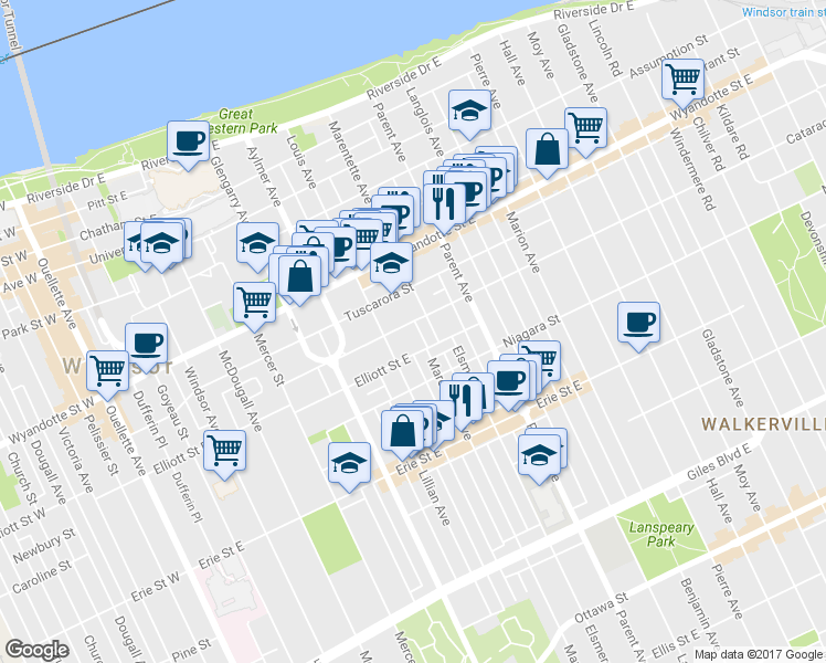 map of restaurants, bars, coffee shops, grocery stores, and more near 701 Marentette Avenue in Windsor
