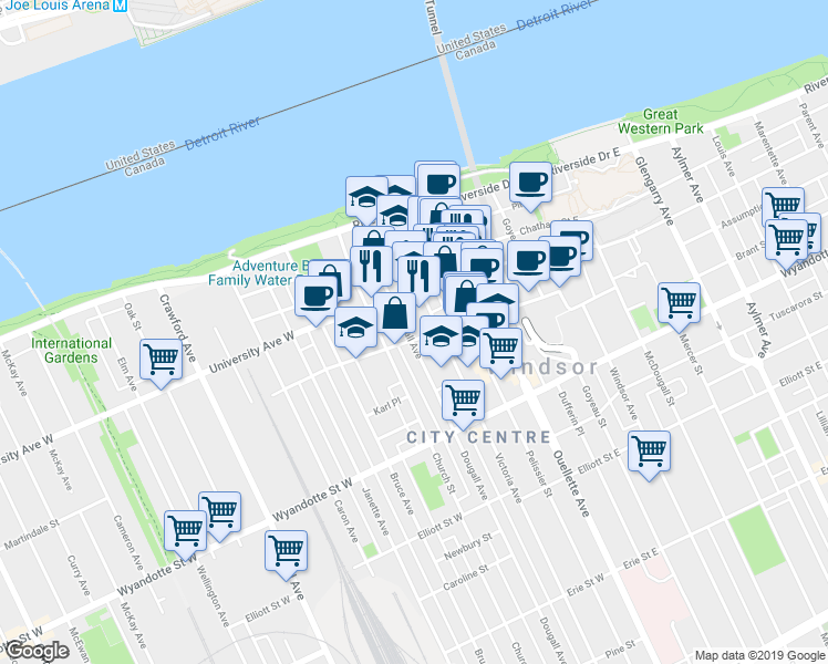 map of restaurants, bars, coffee shops, grocery stores, and more near 350 Dougall Avenue in Windsor