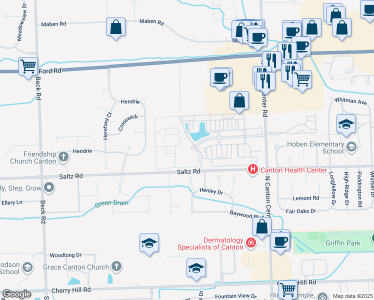 map of restaurants, bars, coffee shops, grocery stores, and more near 1315 Waterside Road in Canton