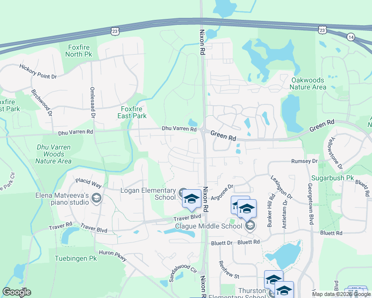 map of restaurants, bars, coffee shops, grocery stores, and more near 2842 Ridington Road in Ann Arbor