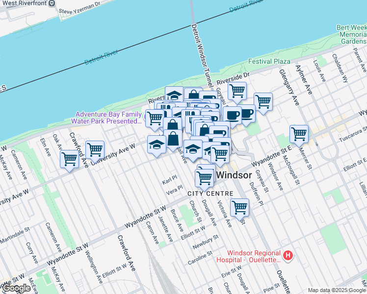map of restaurants, bars, coffee shops, grocery stores, and more near 280 Park Street West in Windsor
