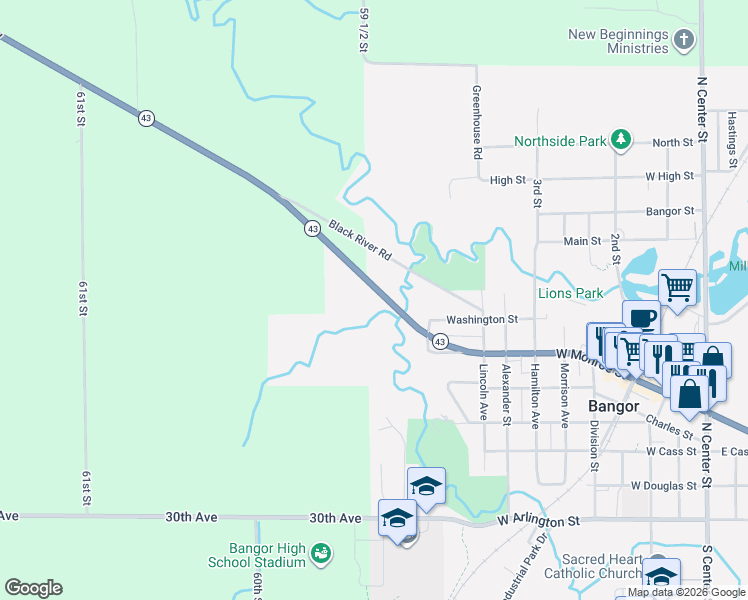 map of restaurants, bars, coffee shops, grocery stores, and more near 59547 Michigan 43 in Bangor