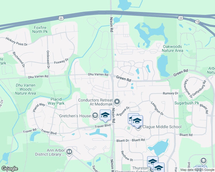 map of restaurants, bars, coffee shops, grocery stores, and more near 2842 Ridington Road in Ann Arbor
