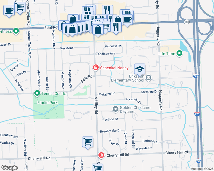 map of restaurants, bars, coffee shops, grocery stores, and more near 42171 Briarcliff Court in Canton