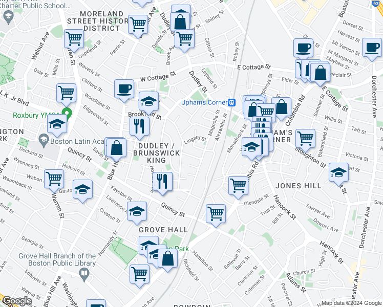 map of restaurants, bars, coffee shops, grocery stores, and more near 9 Chamblet Street in Boston