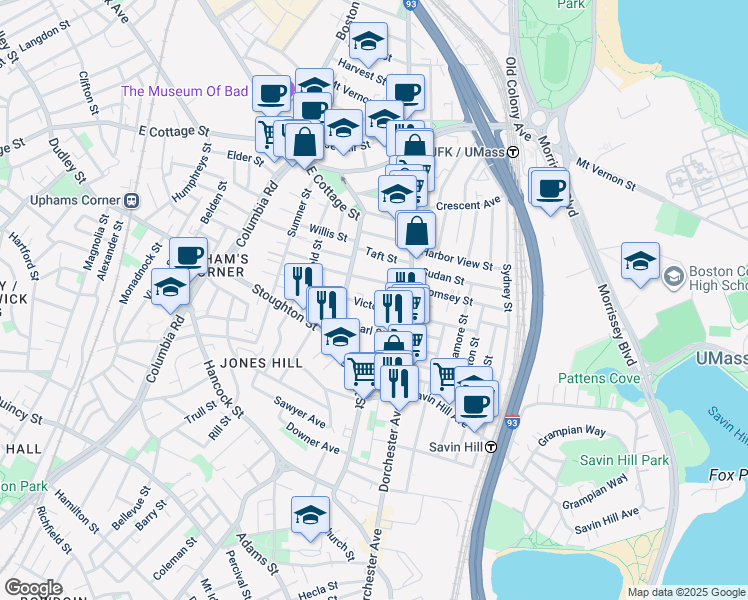 map of restaurants, bars, coffee shops, grocery stores, and more near 27 Mayfield Street in Boston