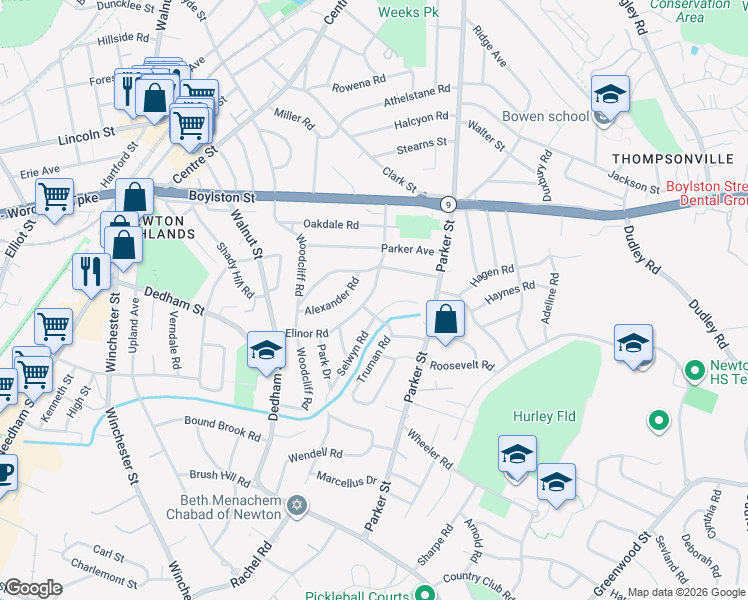 map of restaurants, bars, coffee shops, grocery stores, and more near 101 Elinor Road in Newton