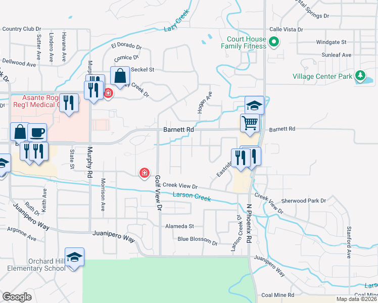 map of restaurants, bars, coffee shops, grocery stores, and more near 609 Summerwood Drive in Medford