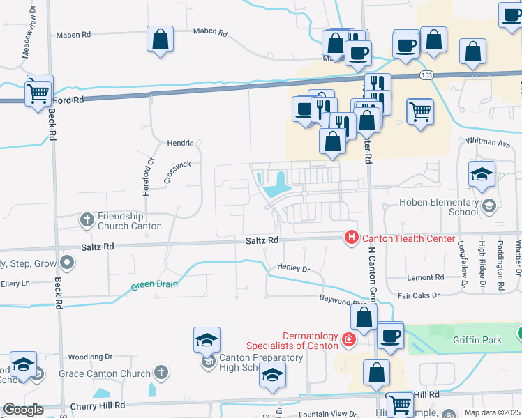 map of restaurants, bars, coffee shops, grocery stores, and more near 1315 Waterside Road in Canton