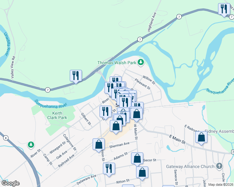 map of restaurants, bars, coffee shops, grocery stores, and more near 79 Main Street in Sidney