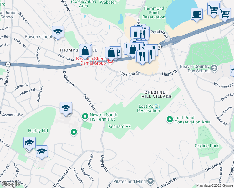 map of restaurants, bars, coffee shops, grocery stores, and more near 79 Florence Street in Newton