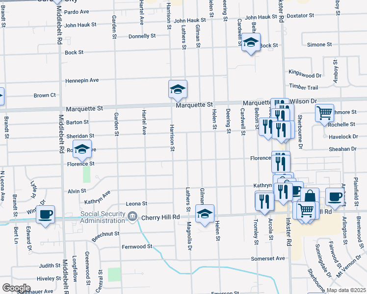 map of restaurants, bars, coffee shops, grocery stores, and more near 846 Harrison Street in Garden City