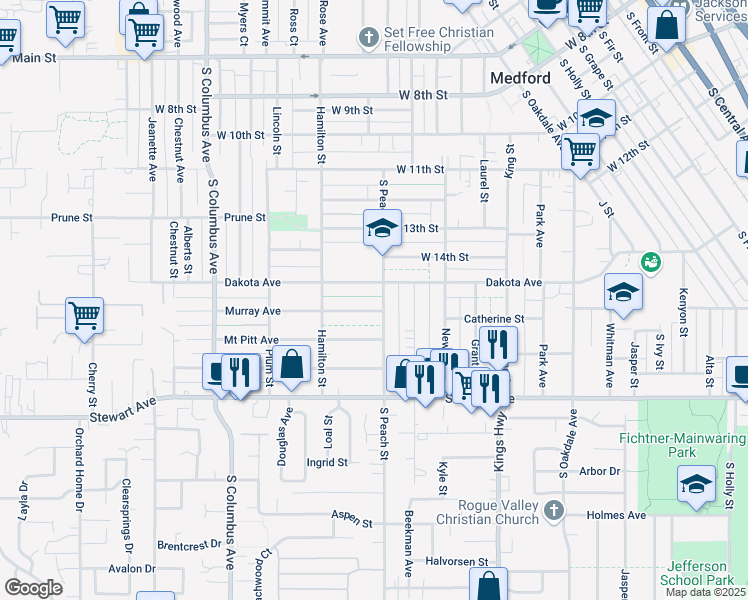 map of restaurants, bars, coffee shops, grocery stores, and more near 907 Dakota Avenue in Medford