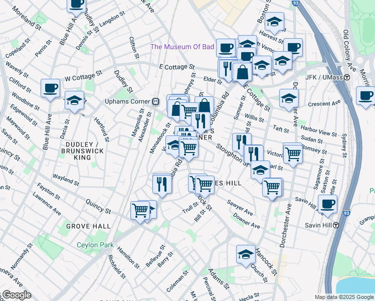 map of restaurants, bars, coffee shops, grocery stores, and more near 543 Columbia Road in Boston