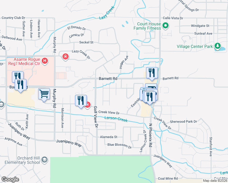 map of restaurants, bars, coffee shops, grocery stores, and more near 609 Summerwood Drive in Medford