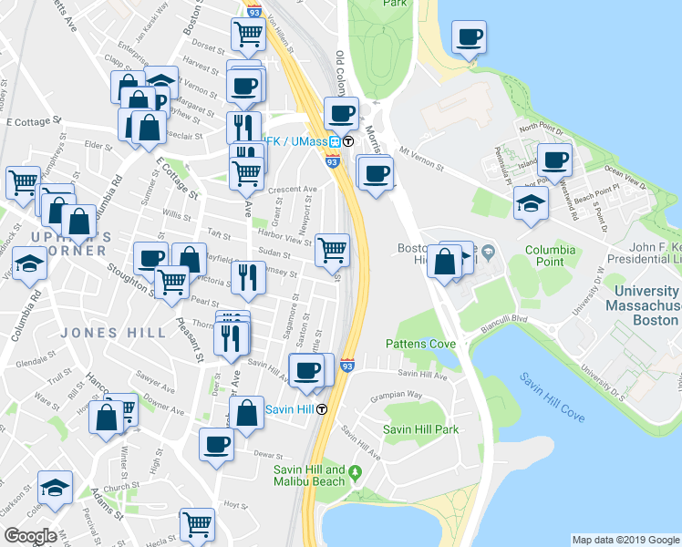 map of restaurants, bars, coffee shops, grocery stores, and more near 147 Sydney Street in Boston