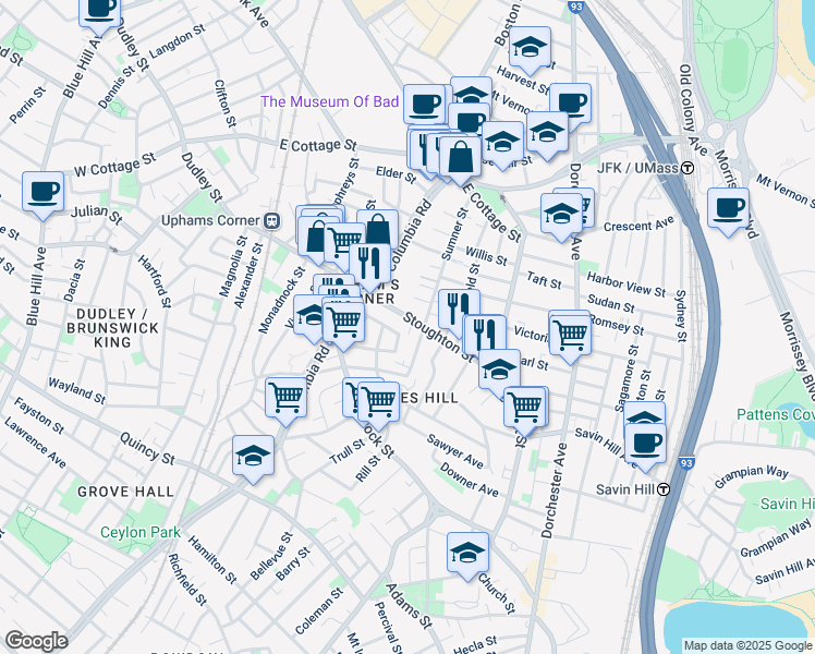 map of restaurants, bars, coffee shops, grocery stores, and more near 37 Stoughton Street in Boston