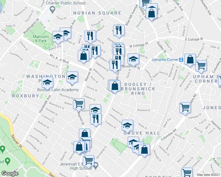 map of restaurants, bars, coffee shops, grocery stores, and more near 98-100 Maywood Street in Boston