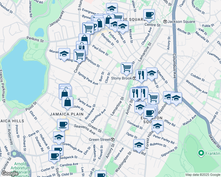map of restaurants, bars, coffee shops, grocery stores, and more near 80 Spring Park Avenue in Boston