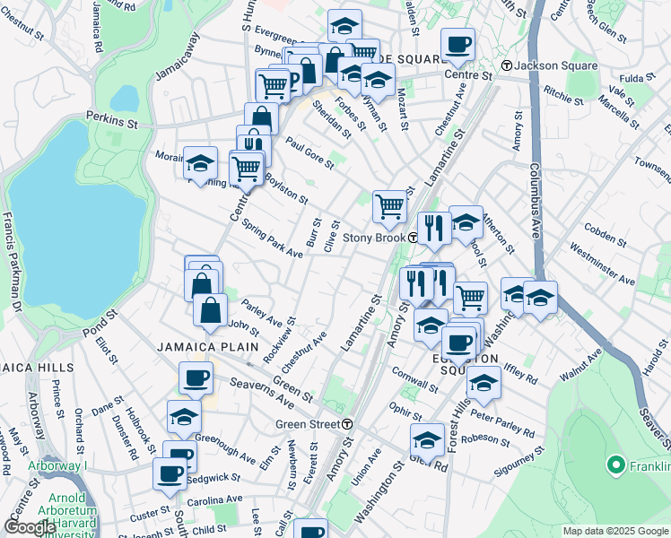 map of restaurants, bars, coffee shops, grocery stores, and more near 80 Spring Park Avenue in Boston