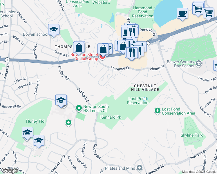 map of restaurants, bars, coffee shops, grocery stores, and more near 79 Florence Street in Newton