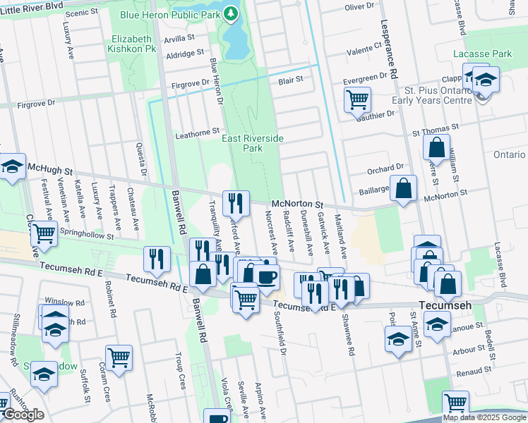 map of restaurants, bars, coffee shops, grocery stores, and more near 2336 Timbercrest Avenue in Windsor