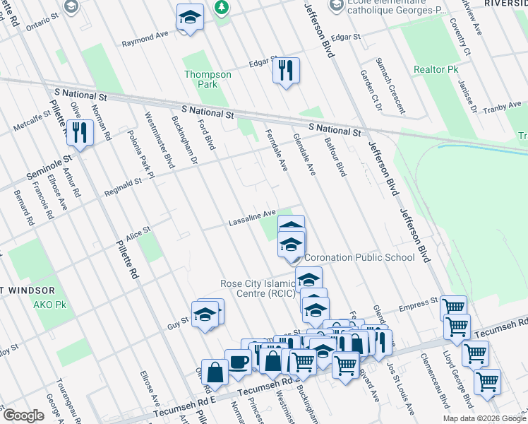 map of restaurants, bars, coffee shops, grocery stores, and more near 5490 Lassaline Avenue in Windsor
