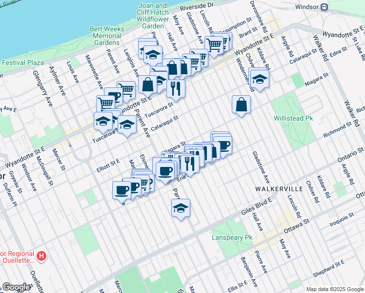 map of restaurants, bars, coffee shops, grocery stores, and more near 1106 Niagara Street in Windsor
