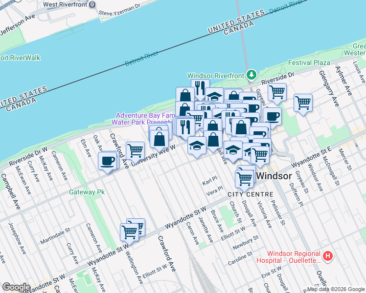 map of restaurants, bars, coffee shops, grocery stores, and more near in Windsor