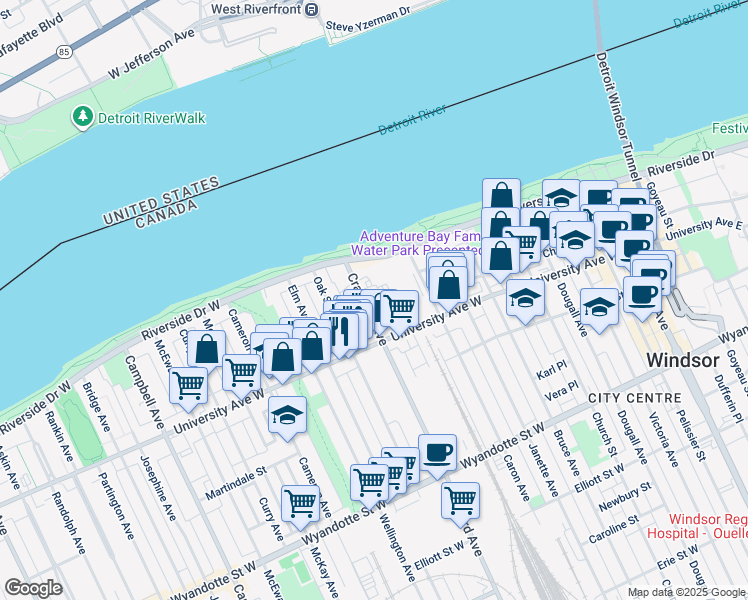 map of restaurants, bars, coffee shops, grocery stores, and more near 35 Crawford Avenue in Windsor