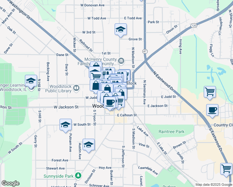 map of restaurants, bars, coffee shops, grocery stores, and more near in Woodstock