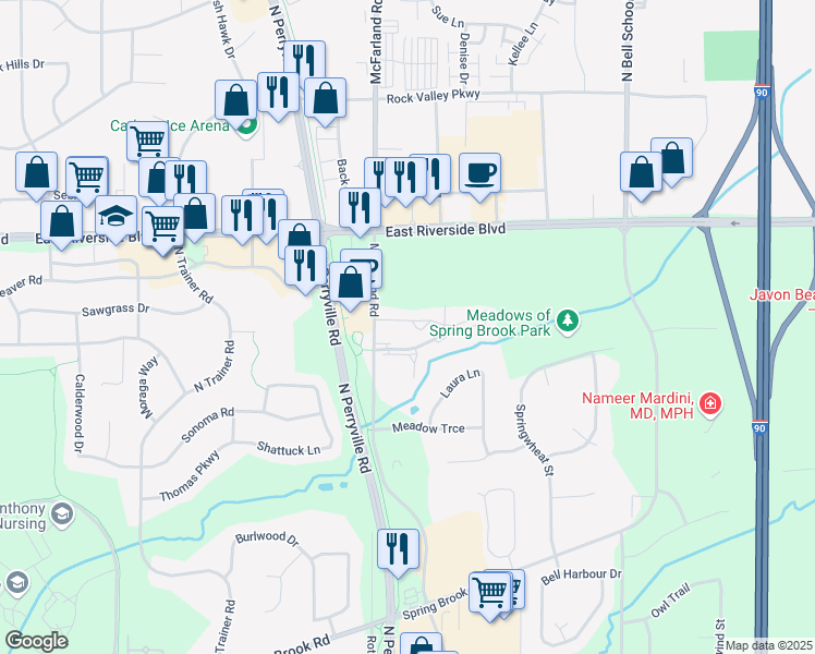 map of restaurants, bars, coffee shops, grocery stores, and more near 7110 Forest Glen Drive in Rockford