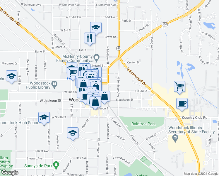 map of restaurants, bars, coffee shops, grocery stores, and more near 28 East Church Street in Woodstock