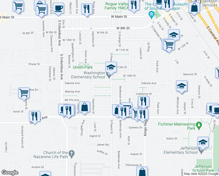 map of restaurants, bars, coffee shops, grocery stores, and more near 718 South Peach Street in Medford