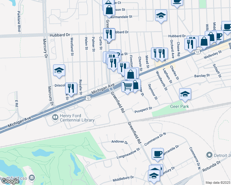 map of restaurants, bars, coffee shops, grocery stores, and more near 15255 Michigan Avenue in Dearborn