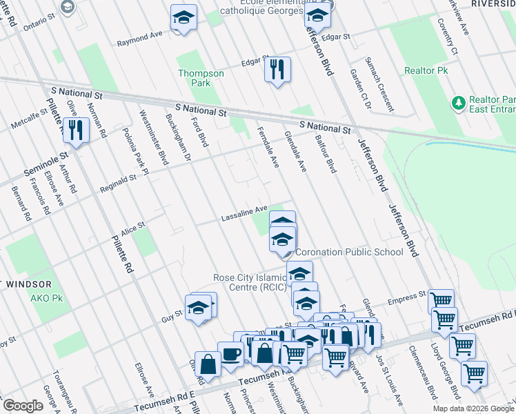 map of restaurants, bars, coffee shops, grocery stores, and more near 5490 Lassaline Avenue in Windsor