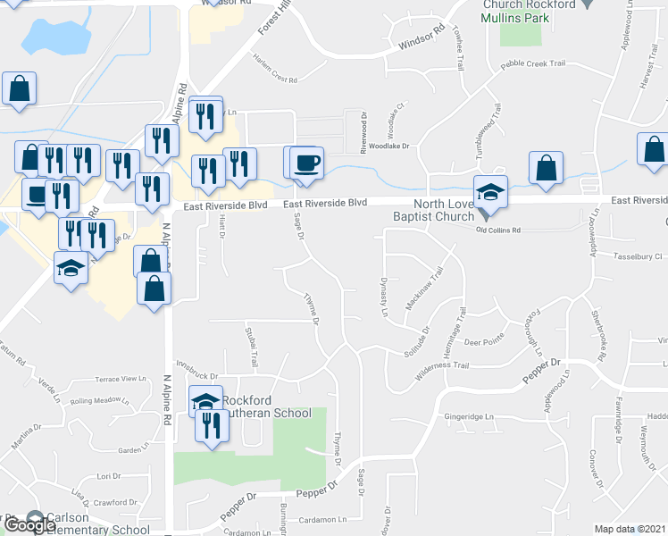 map of restaurants, bars, coffee shops, grocery stores, and more near 3819 Sage Drive in Rockford