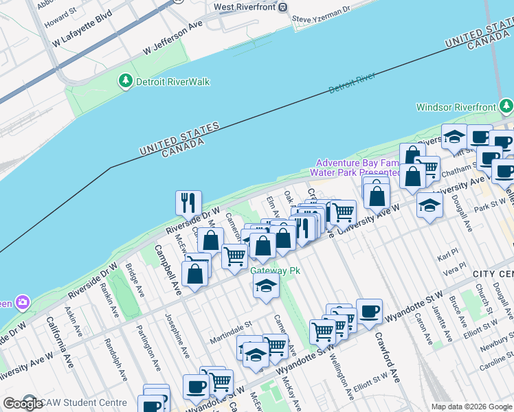 map of restaurants, bars, coffee shops, grocery stores, and more near 1225 Riverside Drive West in Windsor