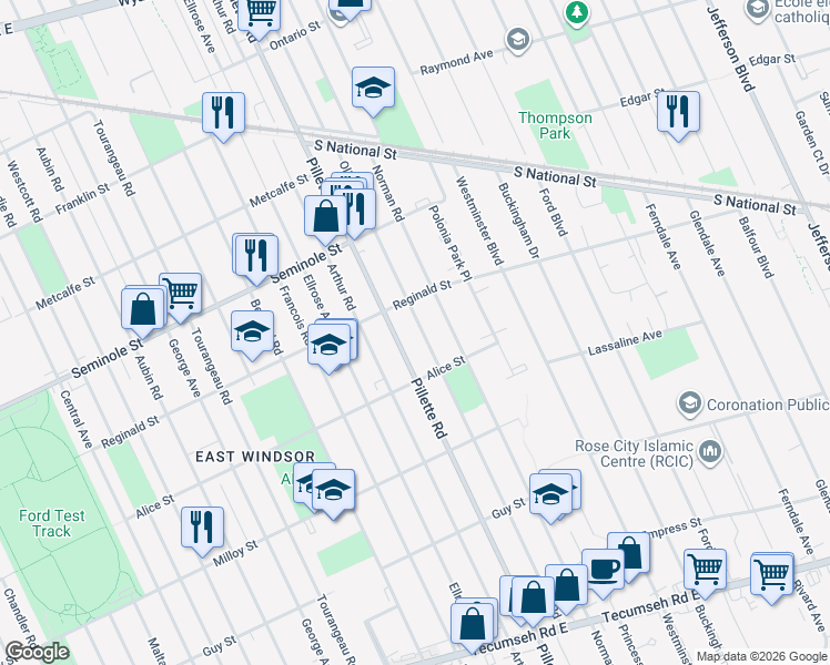 map of restaurants, bars, coffee shops, grocery stores, and more near 1620 Olive Road in Windsor