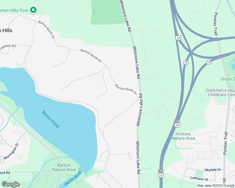 map of restaurants, bars, coffee shops, grocery stores, and more near 99 Barton North Drive in Ann Arbor