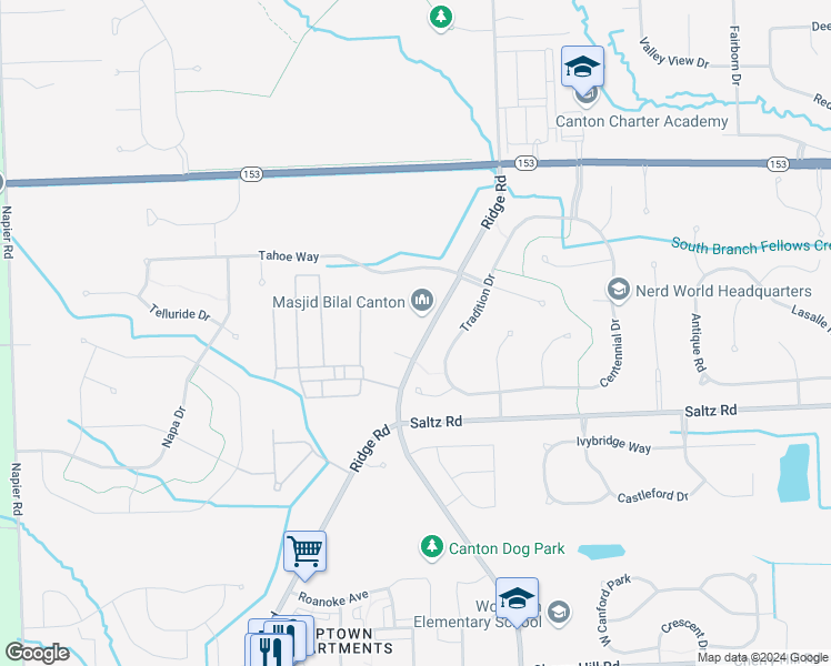map of restaurants, bars, coffee shops, grocery stores, and more near 1475 Ridge Road North in Canton