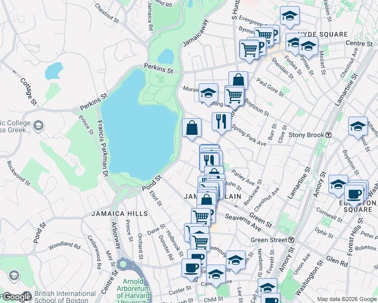 map of restaurants, bars, coffee shops, grocery stores, and more near 478 Jamaicaway in Boston