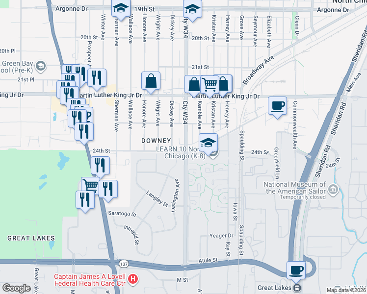 map of restaurants, bars, coffee shops, grocery stores, and more near 2330 Lewis Avenue in North Chicago