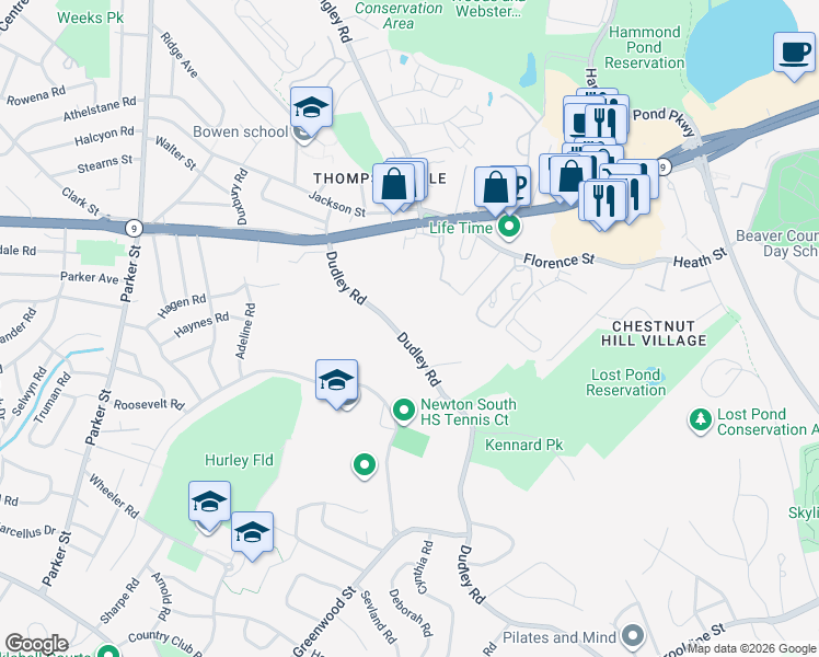 map of restaurants, bars, coffee shops, grocery stores, and more near 130 Dudley Road in Newton