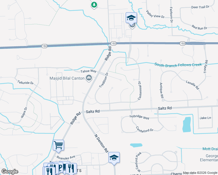 map of restaurants, bars, coffee shops, grocery stores, and more near 1636 Tradition Drive in Canton