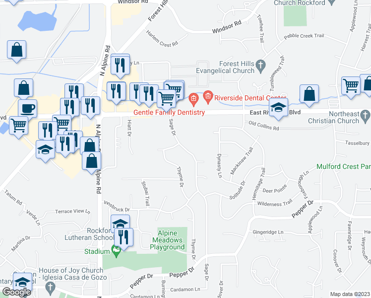 map of restaurants, bars, coffee shops, grocery stores, and more near 3813 Sage Drive in Rockford