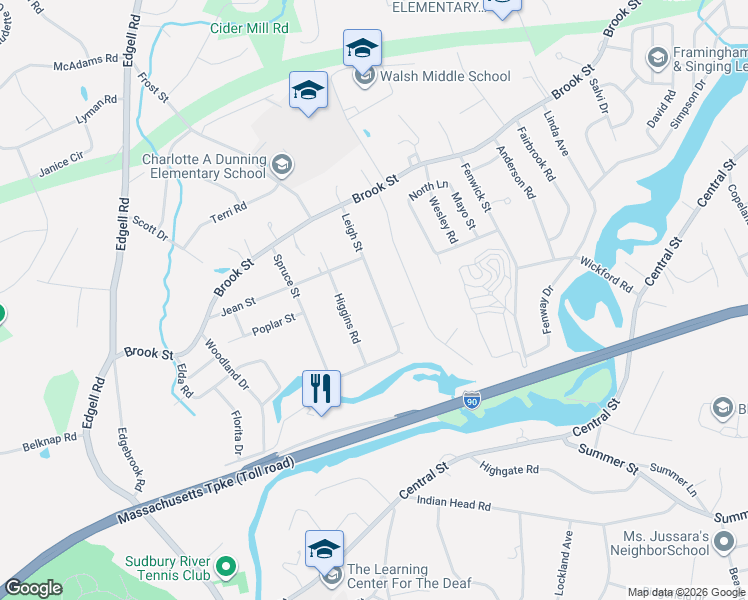 map of restaurants, bars, coffee shops, grocery stores, and more near 60 Leigh Street in Framingham