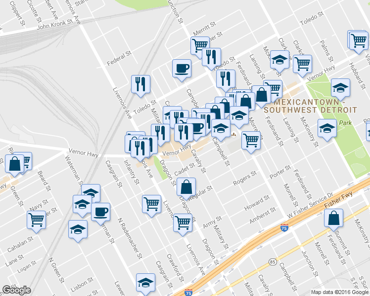 map of restaurants, bars, coffee shops, grocery stores, and more near 6022 W Vernor Hwy in Detroit