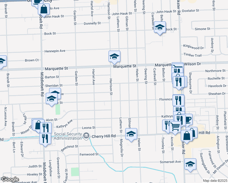 map of restaurants, bars, coffee shops, grocery stores, and more near 846 Harrison Street in Garden City