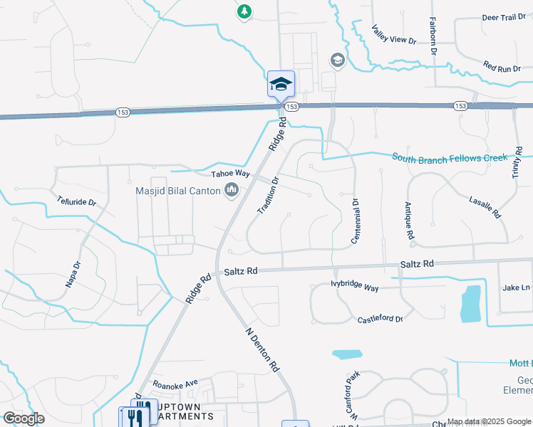 map of restaurants, bars, coffee shops, grocery stores, and more near 1636 Tradition Drive in Canton